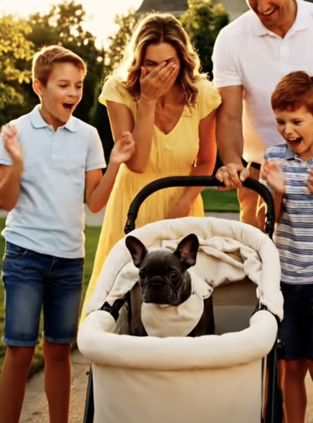 A family cheering as their children meet their new French Bulldog puppy